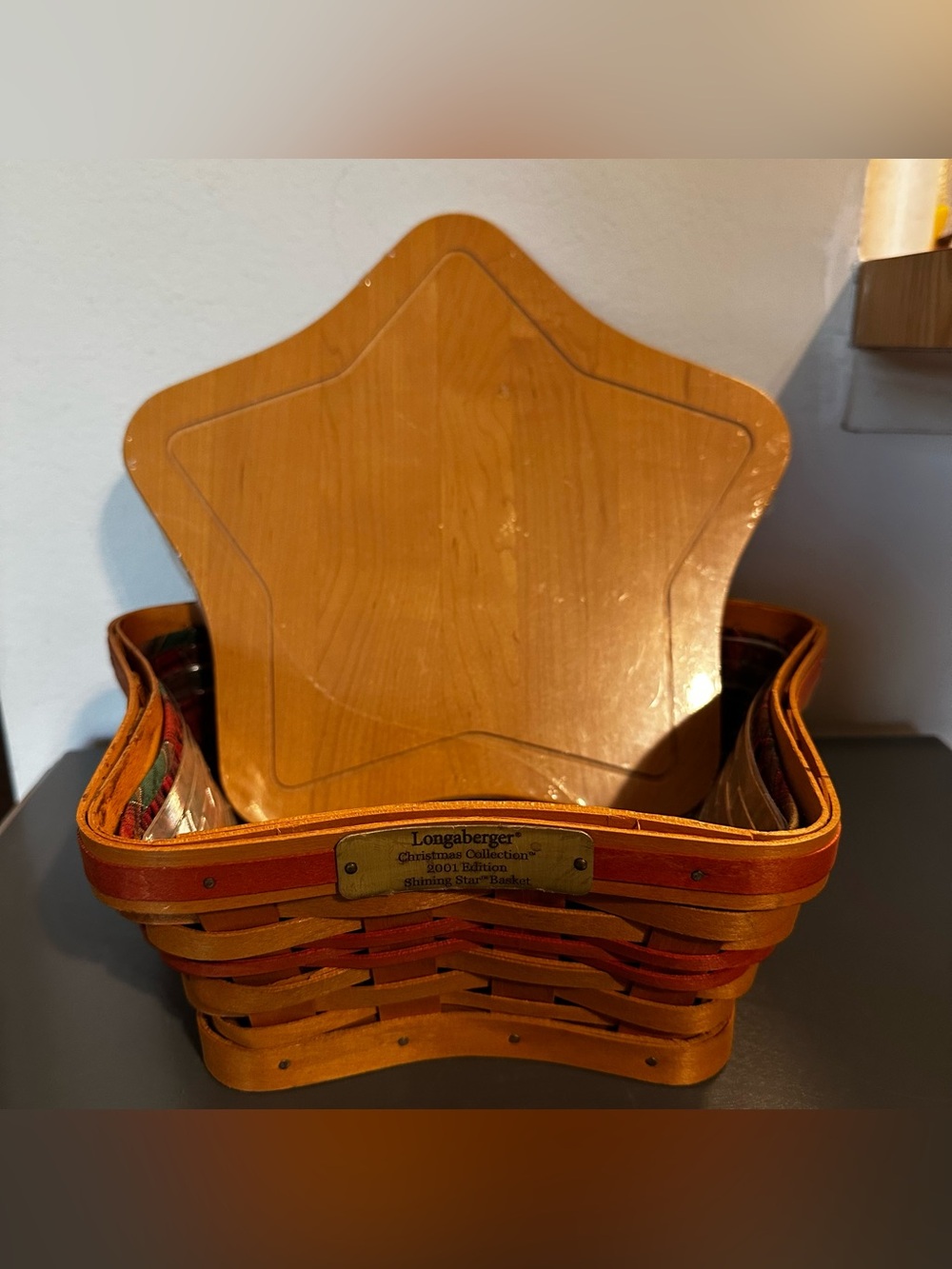 Vtg 2001 Longaberger Shining Star Christmas Basket Liner Protector & Wood Lid